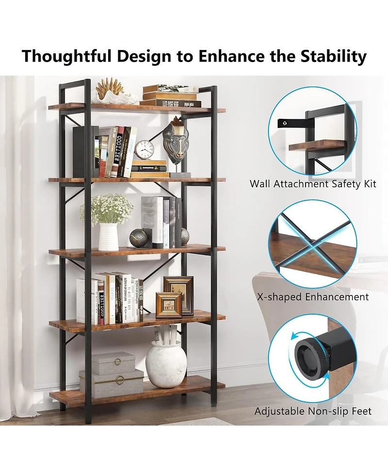 Tribesigns 5-Tier Industrial Bookshelf with Metal Frame