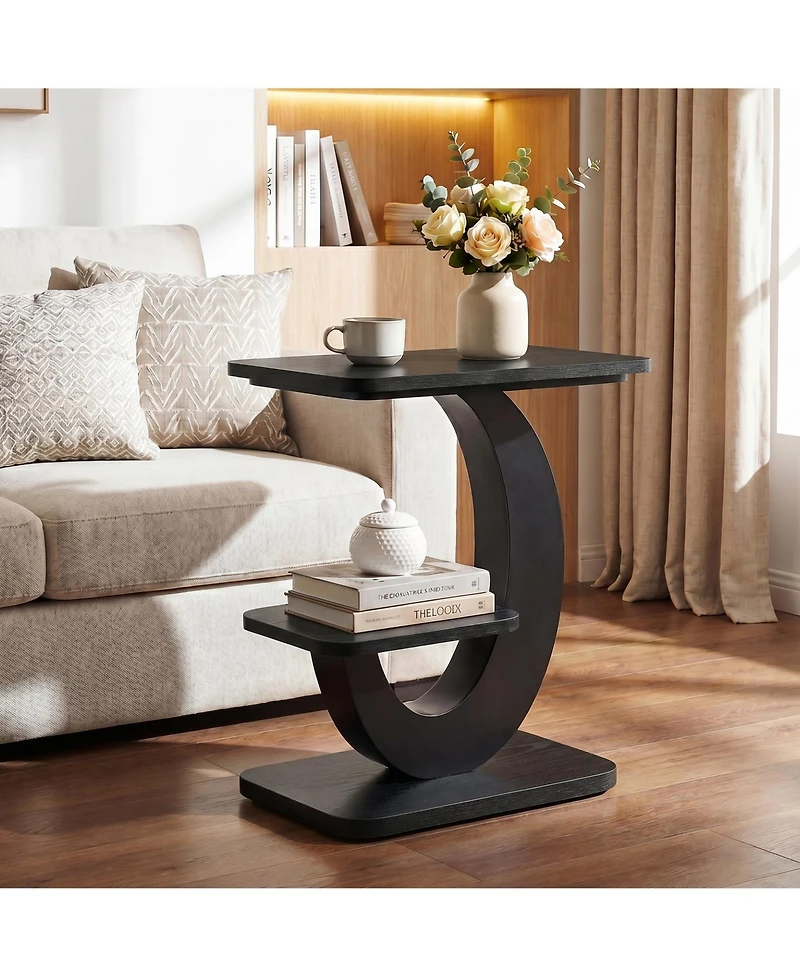 Tribesigns Side Table Set of 2, 2-Tier Narrow End Table, Industrial Wooden with Metal Arc-Shaped Frame