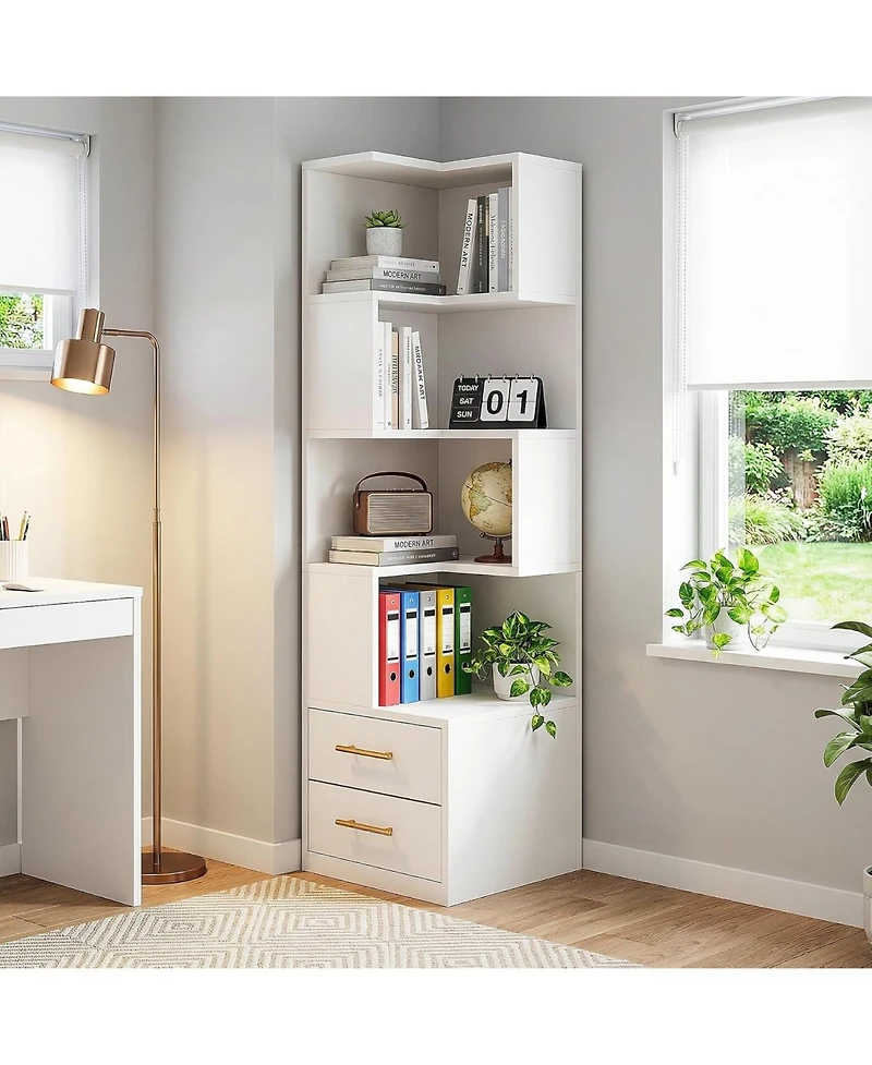 Tribesigns 5-Tier Corner Bookshelf with 2 Drawers