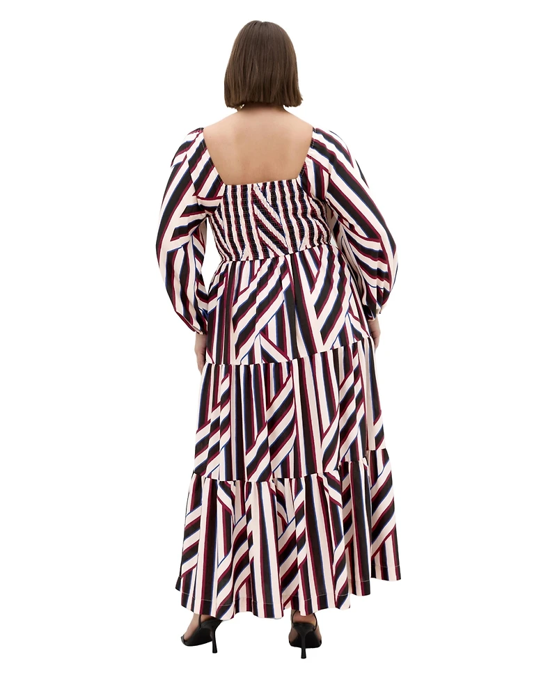 City Chic Plus Long-Sleeve Stripe Shirred Maxi Dress