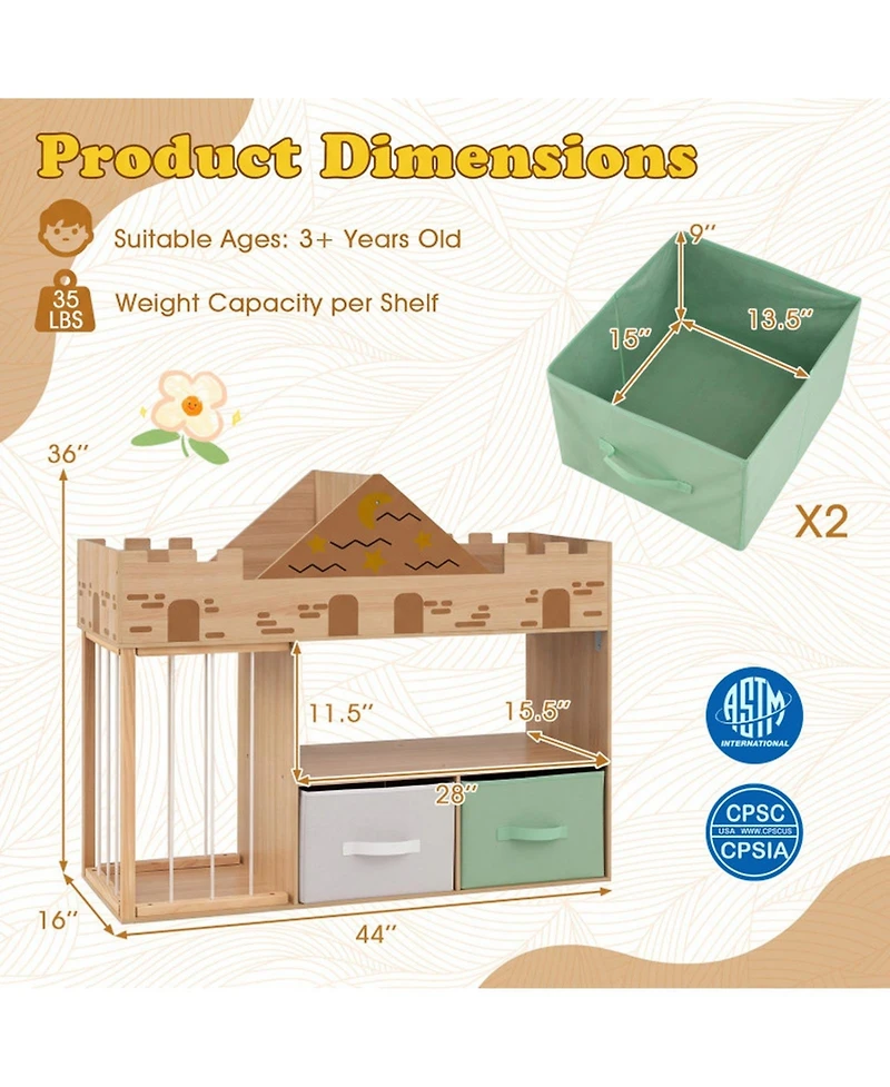 Sugift 4-in-1 Toy Storage Organizer with Stuffed Animal Storage Open Shelves and 2 Fabric Drawers