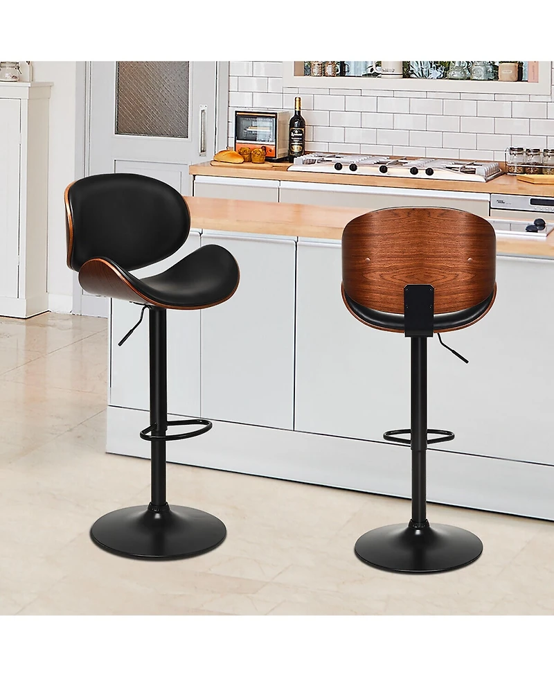 Gymax Set of 4 Bentwood Barstool Mid-Century Adjustable Swivel Pu Leather Curved Back