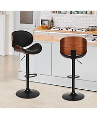 Gymax Set of 4 Bentwood Barstool Mid-Century Adjustable Swivel Pu Leather Curved Back