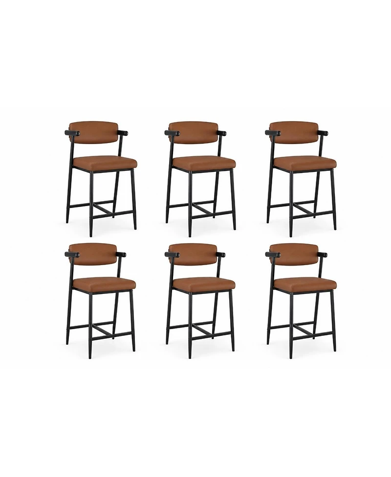 homfan Set of 6 Faux Leather Counter Height Bar Stools with Arms and Back, 400 lb Capacity
