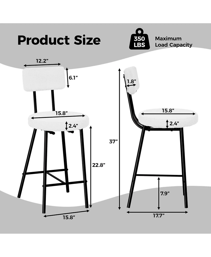 homfan Modern Upholstered Stools Set of 4, Round Padded Seats, Black Metal Legs, Curved Back and Footrest, for Kitchen Island, Dining Room and Cafe