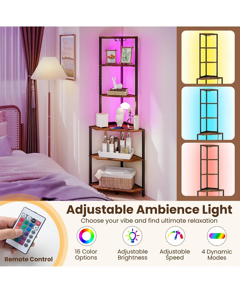 Costway 6-Tier Corner Shelf with Charging Station Ambience Light Stemware Rack