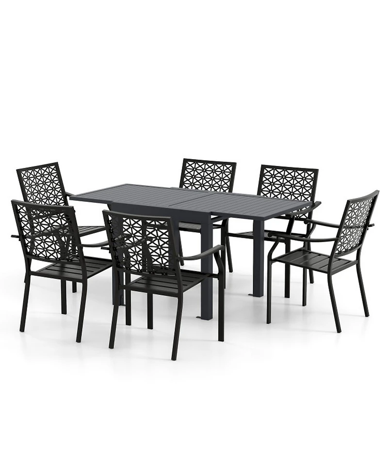 Gouun 7 Piece Aluminum Patio Dining Set with Expandable 63 in Slatted Table and 6 Stackable Chairs