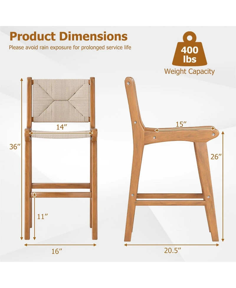 Gouun Outdoor Counter Height Bar Stool with Teak Wood Frame and Hand-Woven Paper Rope Seat
