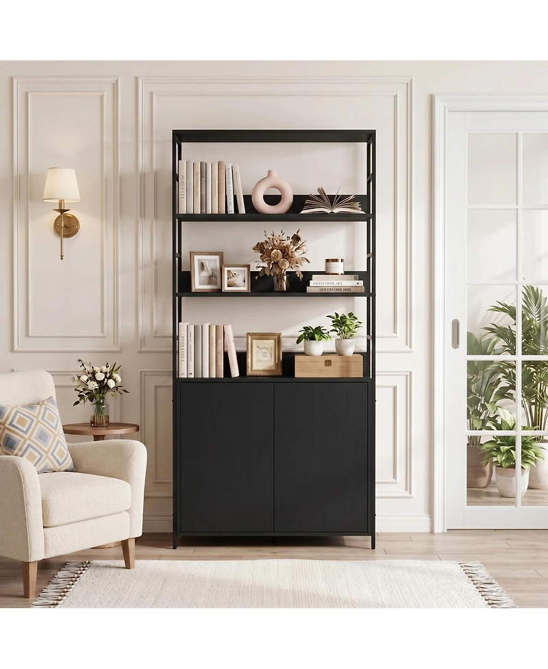 homfan 71" Tall Bookshelf with Doors, Industrial Standing Shelf 3-Tier and Metal Frame, Bookcase Adjustable Rails for Living Room