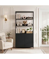 homfan 71" Tall Bookshelf with Doors, Industrial Standing Shelf 3-Tier and Metal Frame, Bookcase Adjustable Rails for Living Room