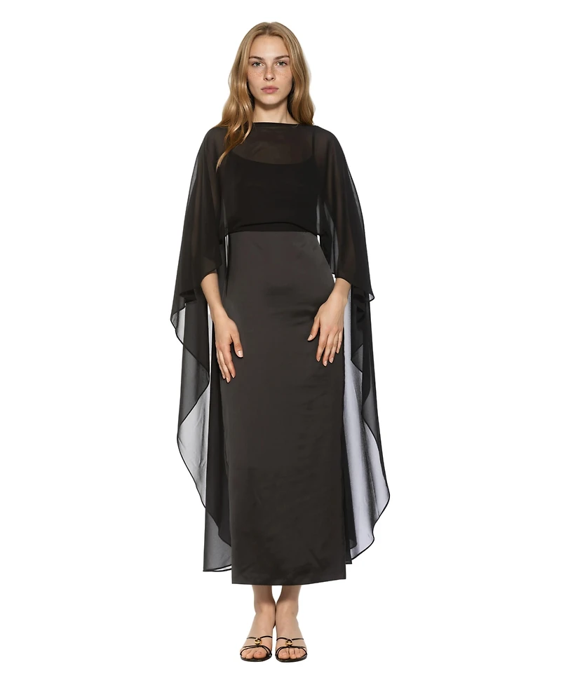 Alexia Admor Women's Cape-Sleeve Chiffon Overlay Boat Neck Satin Gown