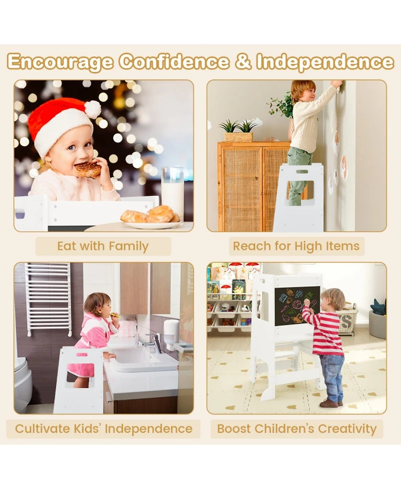 Hongge Adjustable Birch Wood Toddler Kitchen Tower with Chalkboards, Ages 3+