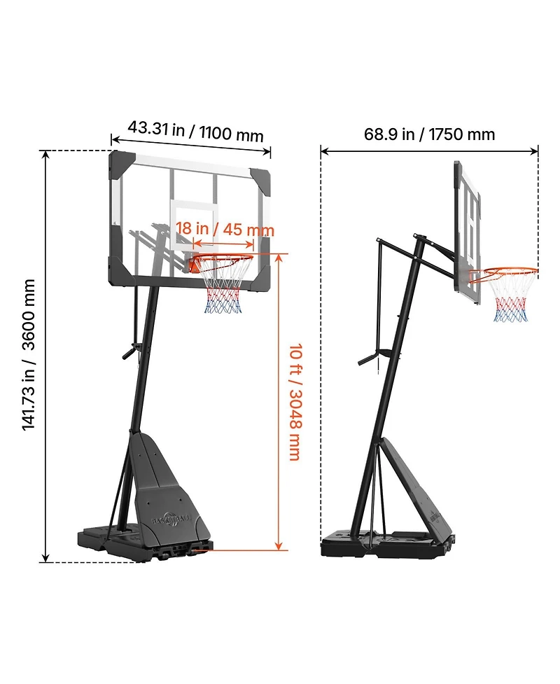 Hongge Portable Basketball Stand 44 in Pc Backboard with Quick Height Adjustment from 8.04 to 10 ft