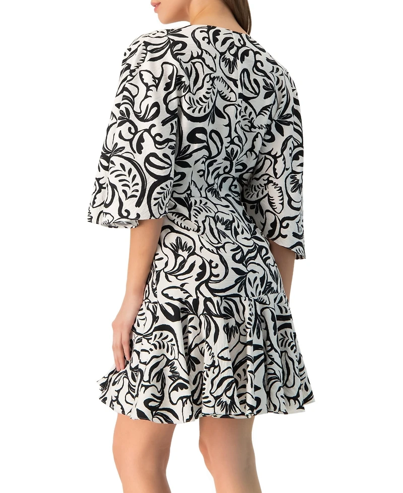 Ivonne Women's Swirl Botanical Print 3/4 Sleeve Fit-and-Flare Mini Dress