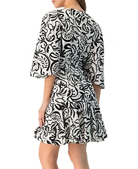 Ivonne Women's Swirl Botanical Print 3/4 Sleeve Fit-and-Flare Mini Dress