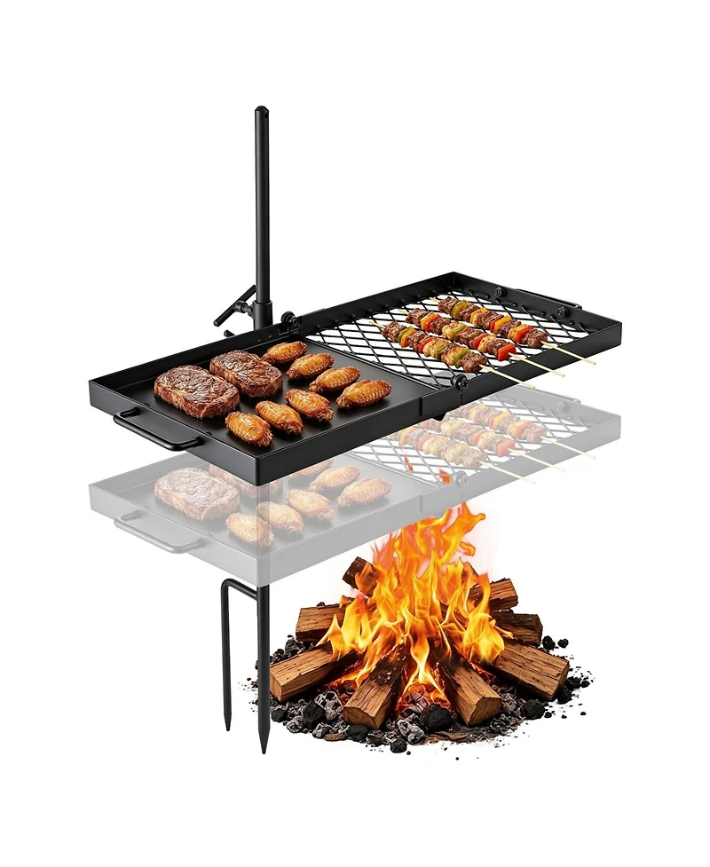 Hongge Heavy Duty Swivel Campfire Grill 24 inches with 360 Degree Rotation and Adjustable Height Grate and Griddle
