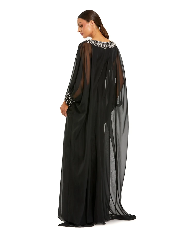 Mac Duggal Women's Chiffon Long Sleeve Kaftan Gown with Beaded Neckline