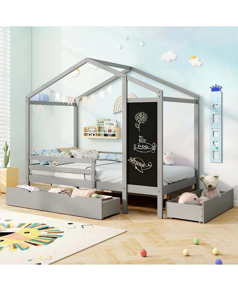 Costway Twin House Bed with 2 Storage Drawers Solid Wood Platform Bed with