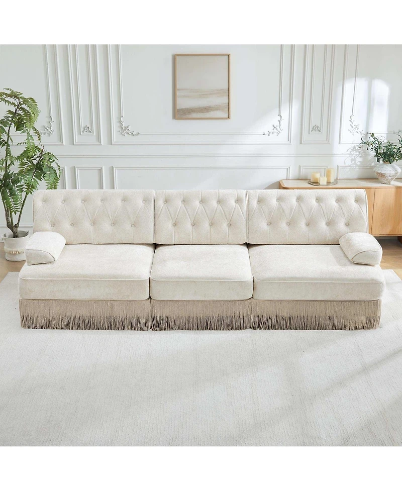 Maison Boucle 3-Seater Modular Sectional Sofa for Living Room, Velvet Fabric, Button Tufted Back, Tassel Fringe Skirt, Free Combination