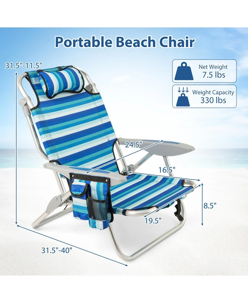 Gouun Folding Beach Chair for Adults with 4-Position Backrest, Cooler Bag, Cup Holder and Towel Bar