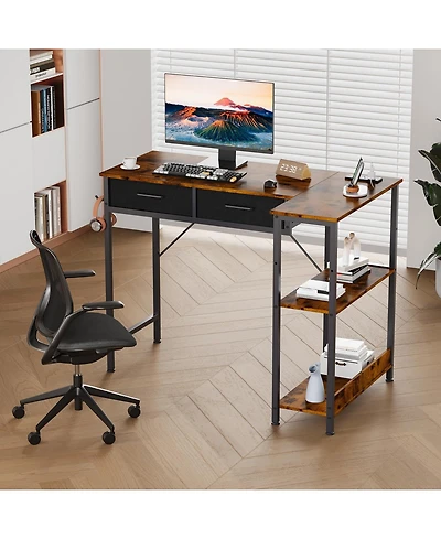 homfan 40 inchL-Shaped Desk with Power Outlet - 3-Tier Shelves and 2 Drawers, Corner Desk with Headphone Hook for Small Spaces
