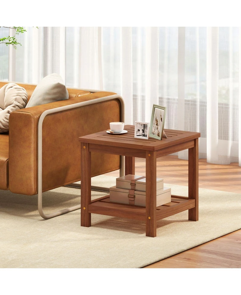 Gouun 2-Tier Outdoor Solid Wood Side Table with Storage Shelf and Round Corners, Slatted Top