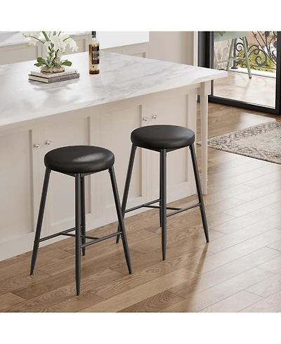 homfan 2 Set of Bar Stool, Round Seat, Iron Tube Frame, 30D Sponge Padding, Vintage Oil Wax Pvc Upholstery, Height Crossbar, Idea for Kitchen, Island