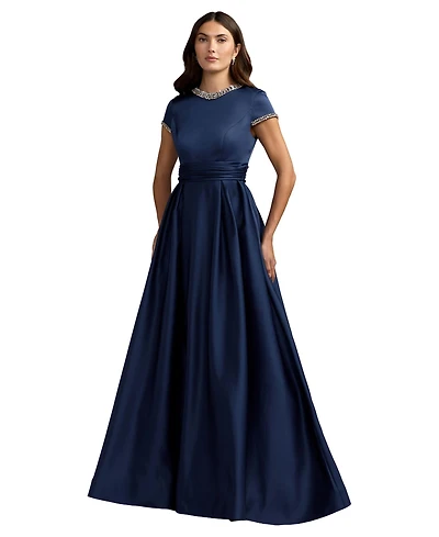 Mac Duggal Petite Embellished Satin Cap Sleeve Ball Gown