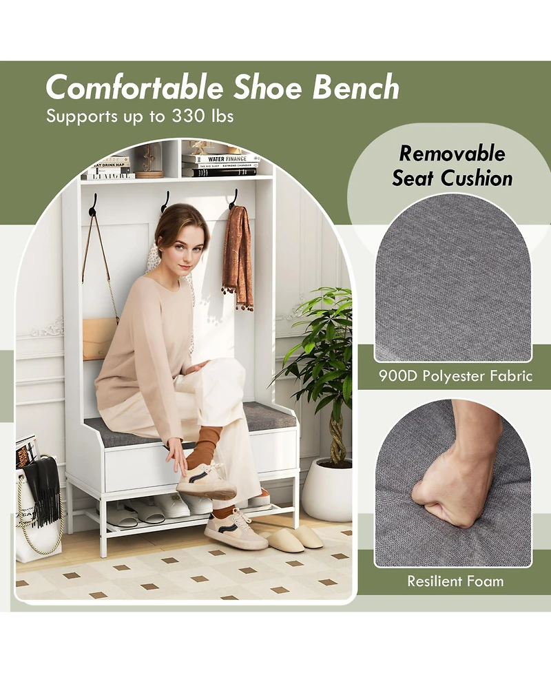 Sugift 69 in Tall 4-in-1 Hall Tree Coat Rack with Seat Cushion and Shoe Storage