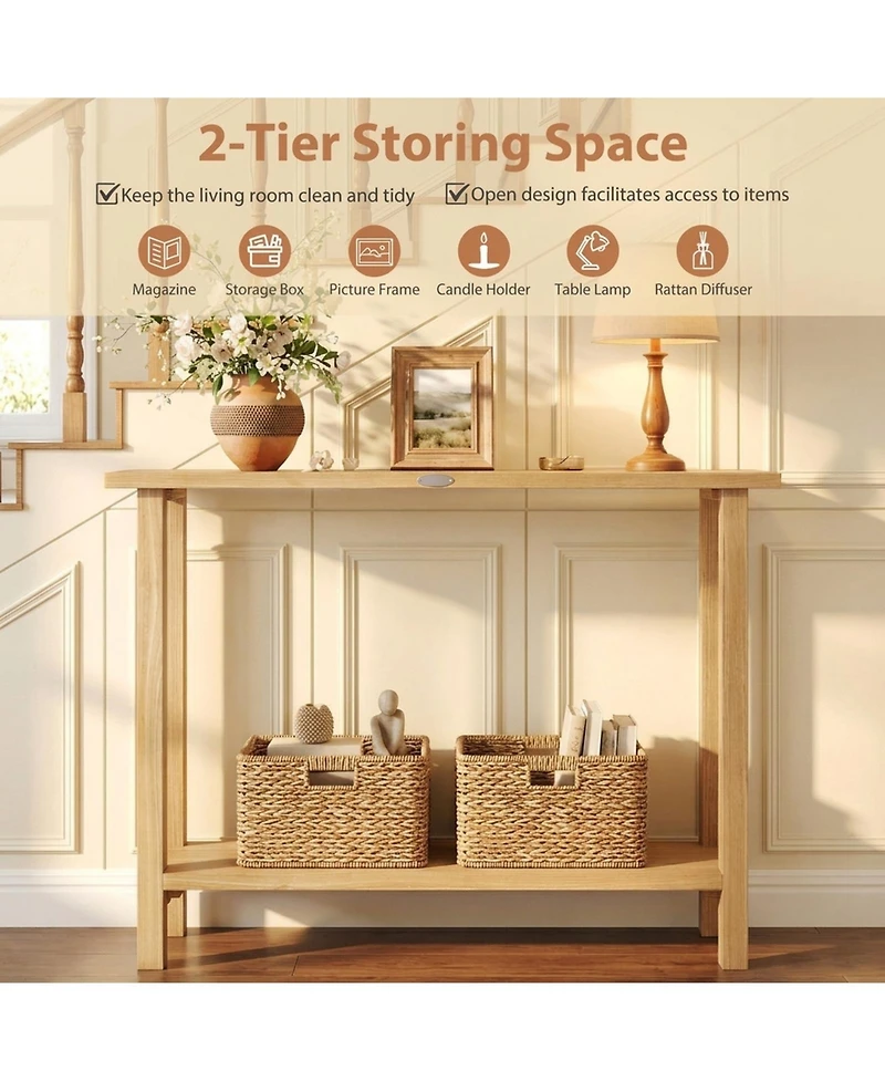 Sugift 47 in Solid Teak Wood Console Table with Storage Shelf