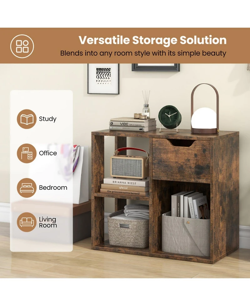 Sugift 3-Cube 2-Tier Wooden Bookcase Storage Shelf with Pull-Out Drawer