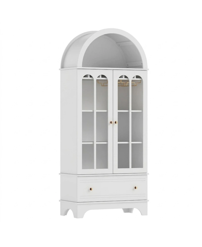 Sugift 71.5 Inch Arched 5-Tier Cabinet with Tempered Glass Doors and Wine Rack