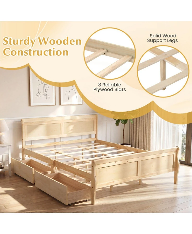 Sugift Queen Size Sleigh Platform Bed with 2 Storage Drawers and Curved Footboard