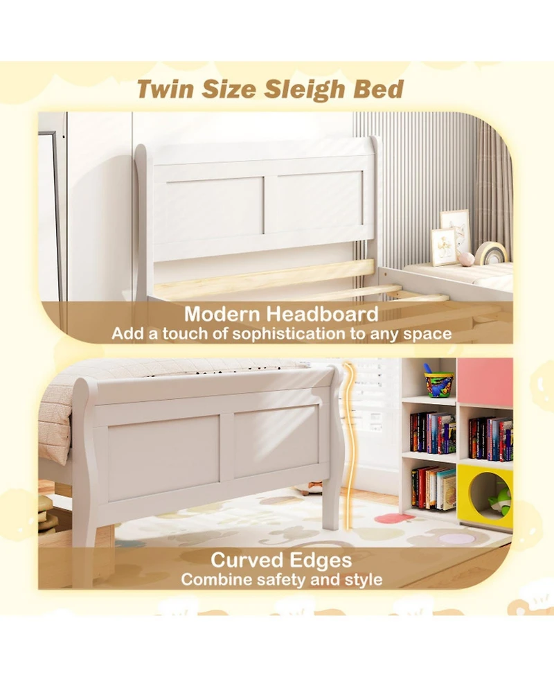 Sugift Twin Size Sleigh Wood Platform Bed with 2 Rolling Storage Drawers