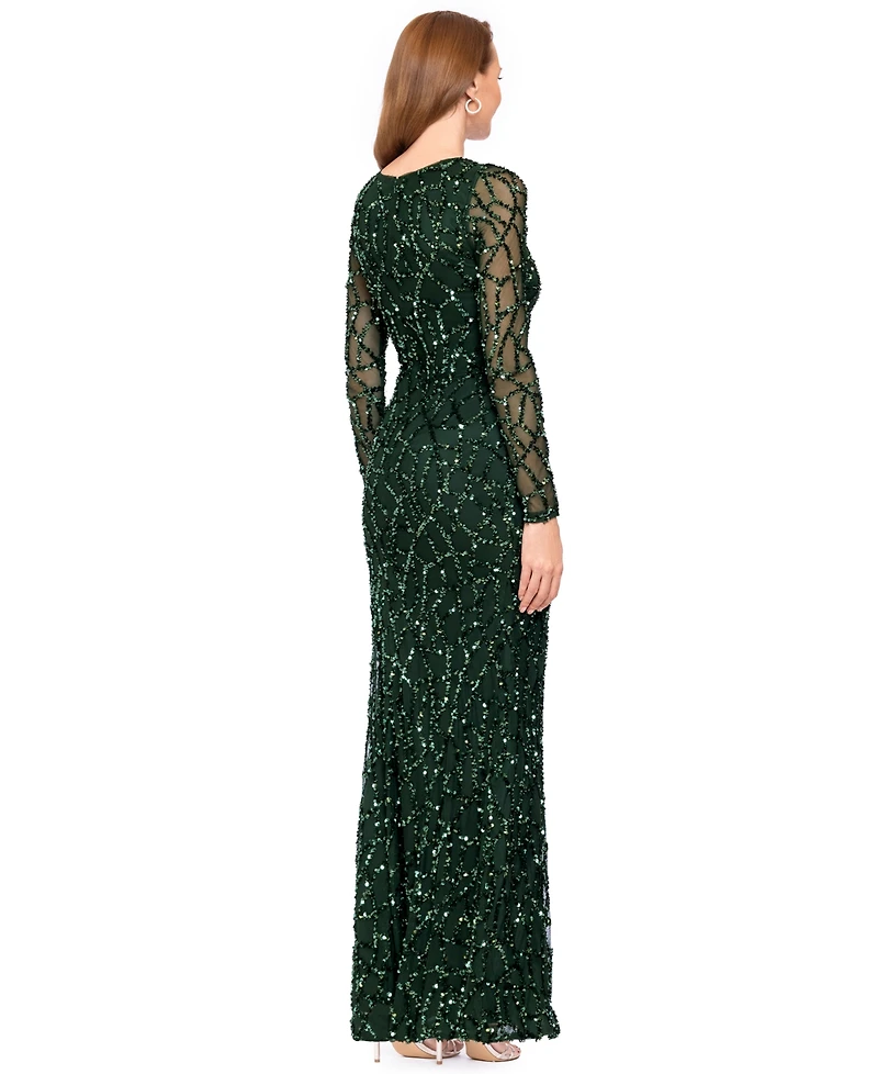Betsy & Adam Women's Long-Sleeve Sequin Gown