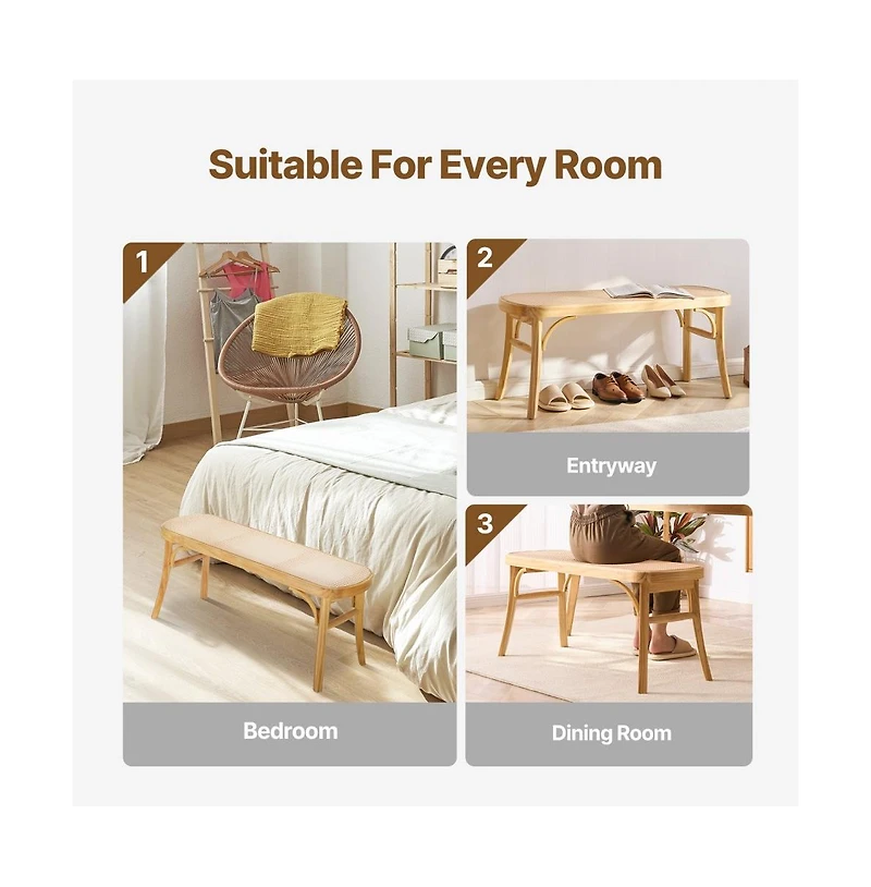 Slickblue Wooden Entryway Bench with Handwoven Rattan Seat and Oak Wood Legs for Bedroom Kitchen