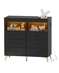 homfan 6-Drawer Changing Table Dresser with Led Lights and Charging Station, 2 Open Shelves, Convertible Baby Diaper Station