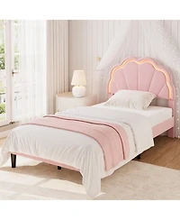 homfan Twin Size Velvet Platform Bed with Seashell Headboard and Led Lights, Under-Bed Storage