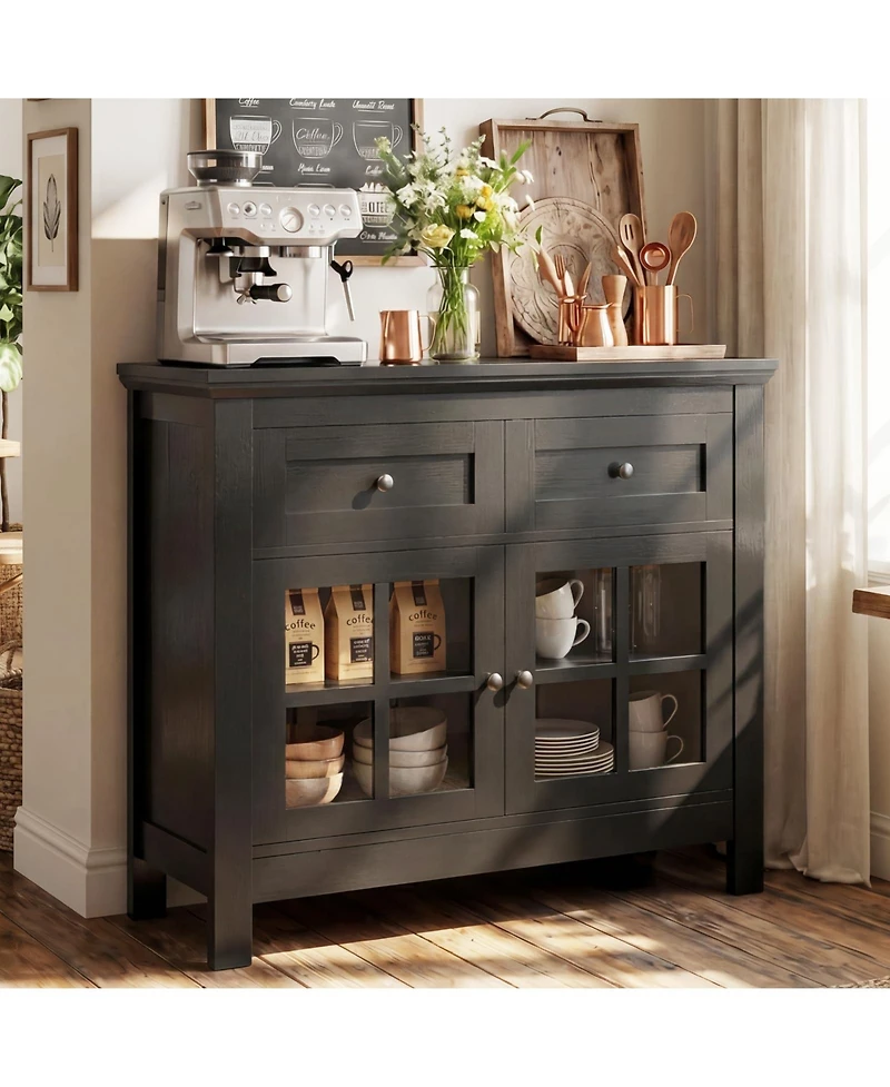 Aheaplus Farmhouse Kitchen Cabinet with Drawers and Tempered Glass Display Door