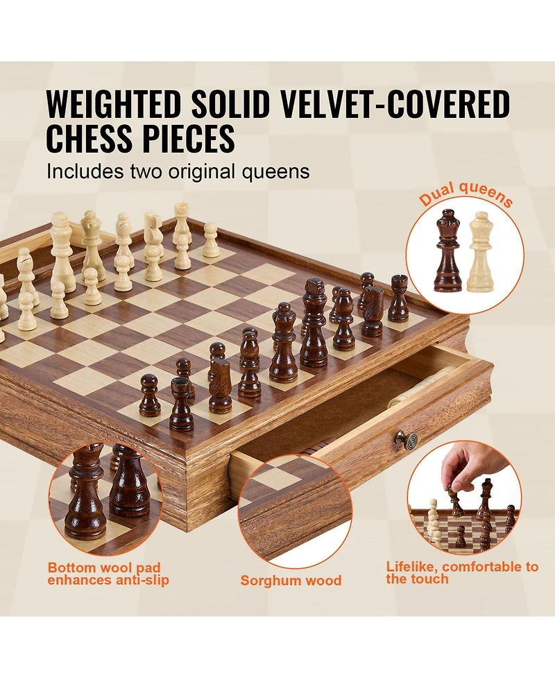 Sugift 15-Inch 2-in-1 Solid Wood Chess Checkers Board Game, Ages 6+