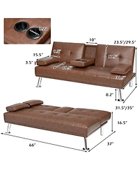 Gouun Convertible 66 Inch Faux Leather Futon Sofa with Cup Holders and Armrests