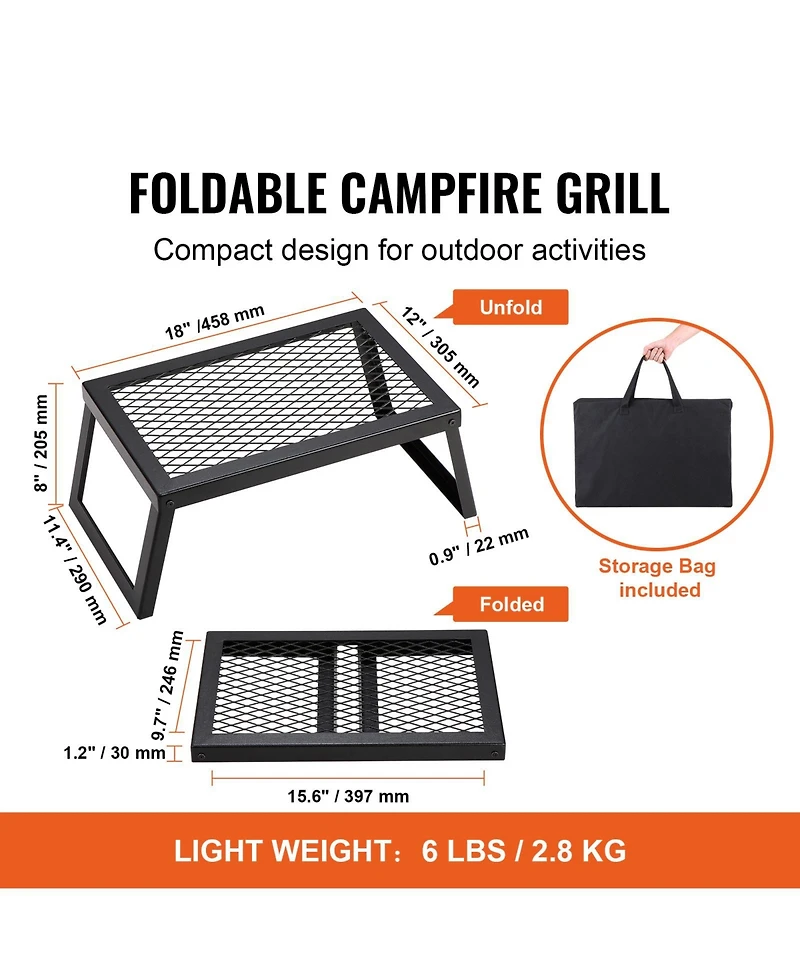 Hongge Folding Campfire Grill Grate 18 in Heavy Duty Steel Mesh with Legs and Carrying Bag for Open Flame Cooking