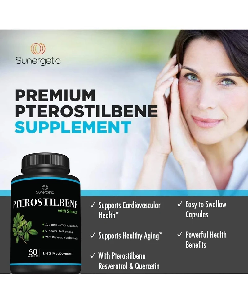 Sunergetic Pterostilbene Supplement with Resveratrol and Quercetin, 60 Capsules