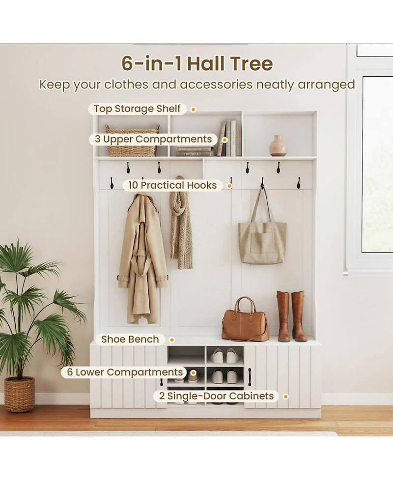 Sugift 59in Wide 6-in-1 Hall Tree With Bench and Storage