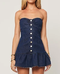 Abrand Juniors' Honey Pie Strapless Mini Ruffled-Hem Denim Dress