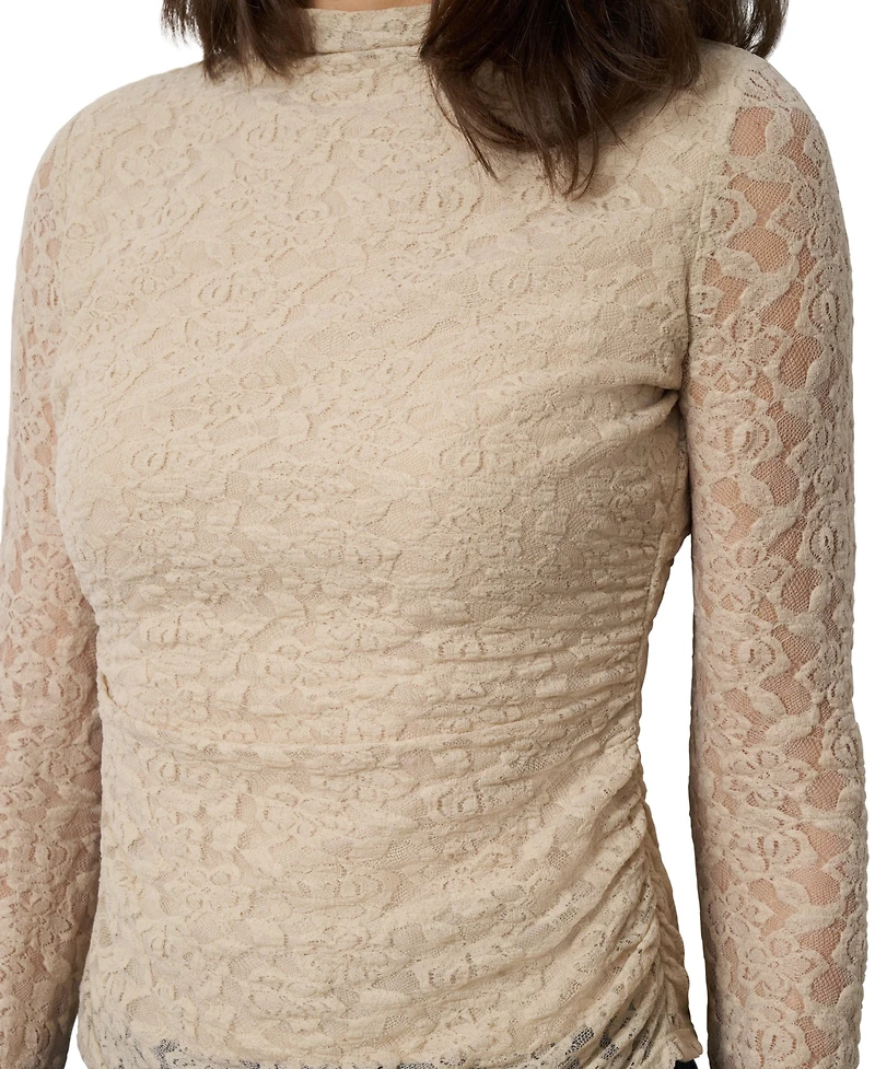 Cable & Gauge Women's Lace Knit Funnel Neck Shirred Top