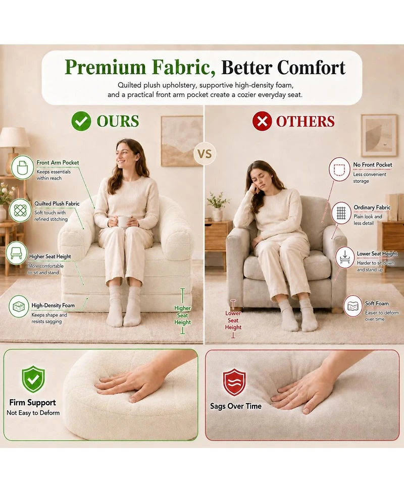 Folding Sofa Bed, Convertible Sleeper Chair, 2 1 Foldable Couch with Handle, Floor U Shaped Arms, No Assembly Required, for Apartment