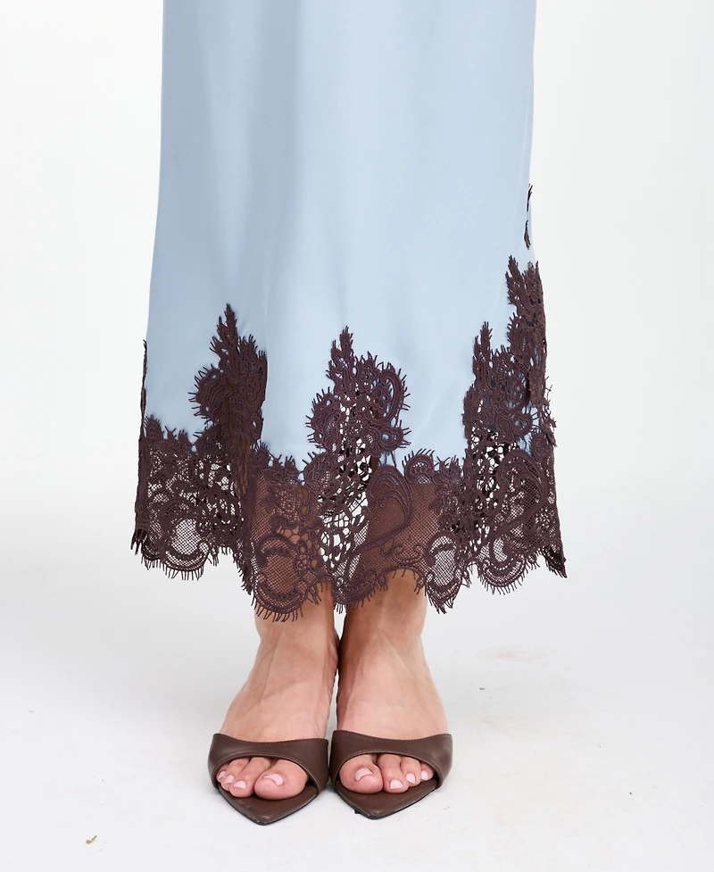 Kittenish Women's High-Waisted Crepe Satin Maxi Skirt with Lace Trim