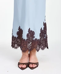 Kittenish Women's High-Waisted Crepe Satin Maxi Skirt with Lace Trim