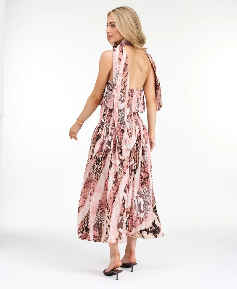 Kittenish Women's Dahlia Yoryu Halter Snake-Print Open-Back Maxi Dress